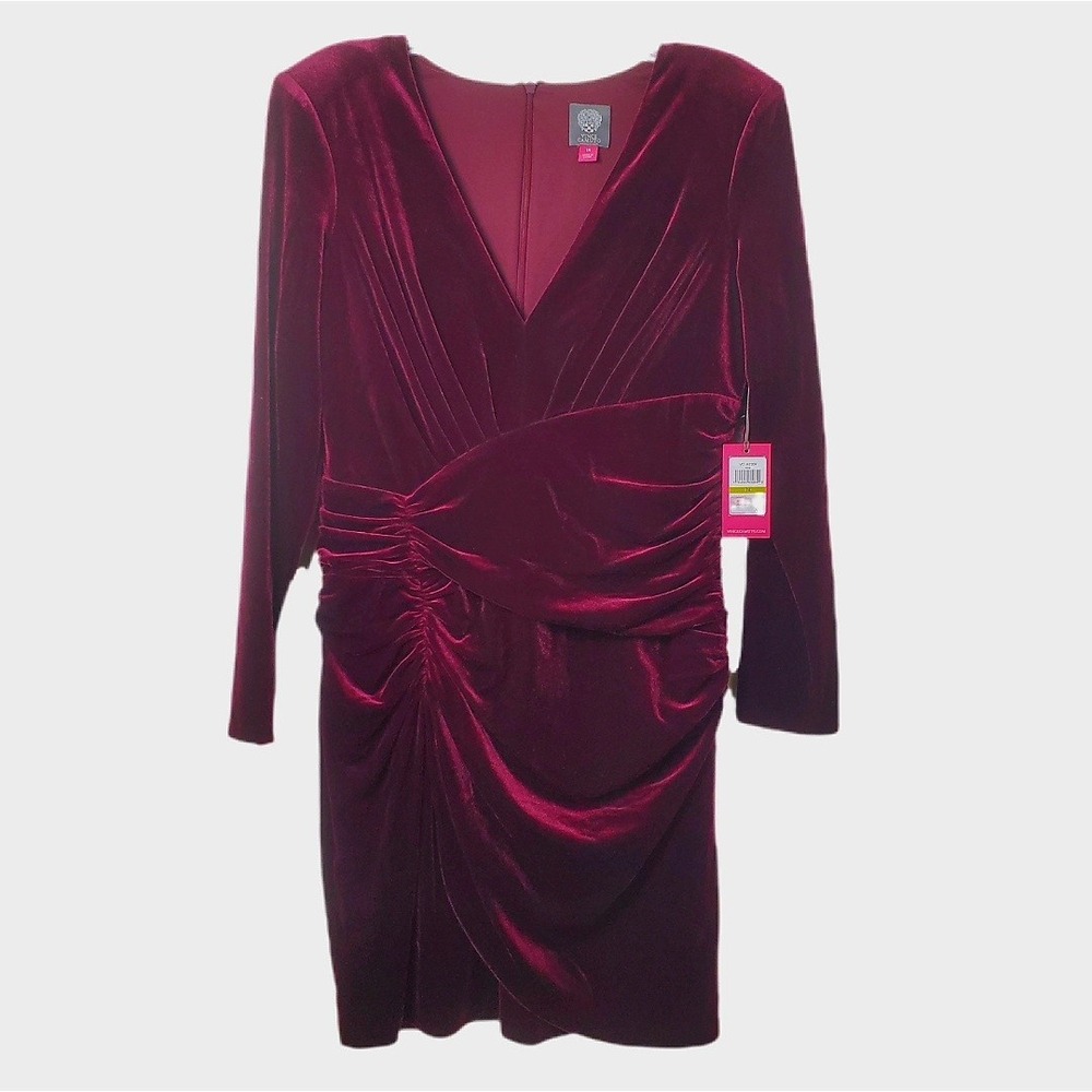 Vince Camuto Womens Wine Red Stretch Velvet Ruched V-Neck Dress Size 14 VC1M3209 - Picture 2 of 10